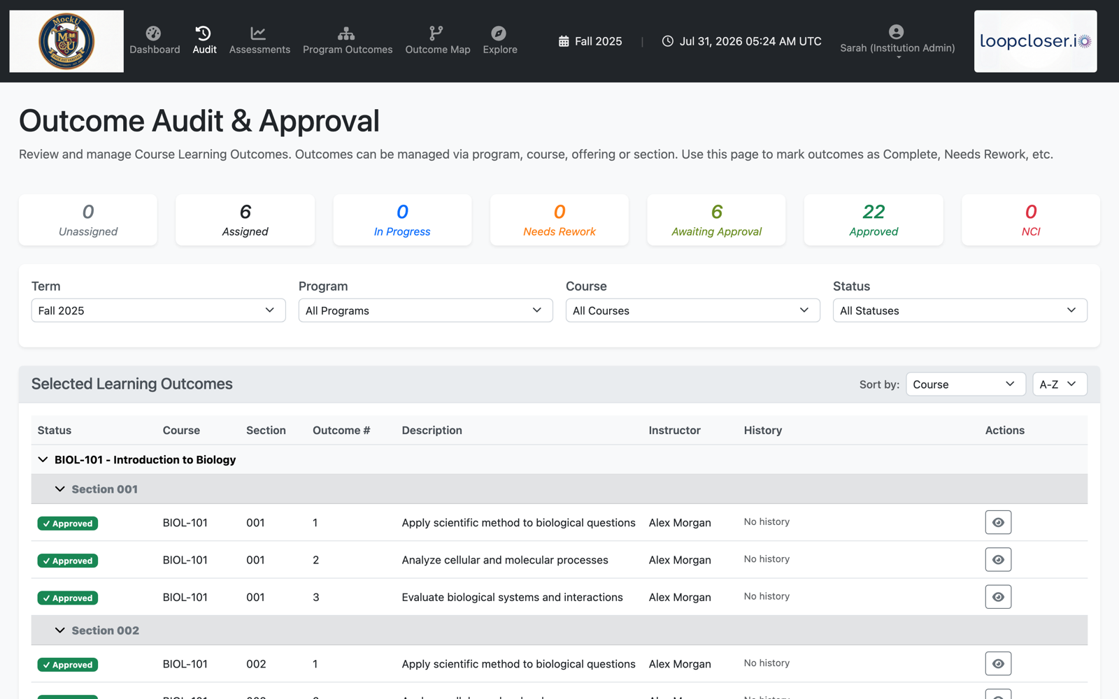 Outcome Audit and Approval — track outcomes from assigned to approved